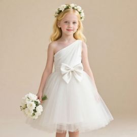 Charming One - Shoulder White Flower Girl Dress with Big Bow & Tulle Skirt