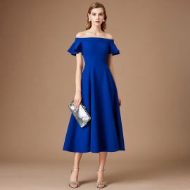 Royal Blue Off - Shoulder Flounce Sleeve Midi Dress for Elegant Occasions