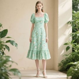 Mint Green Floral Midi Dress with Puff Sleeves & Ruffled Hem - Vintage Summer Style