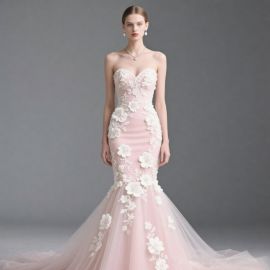 Pink Strapless Mermaid Wedding Dress with 3D Floral Appliqués - Elegant Bridal Gown