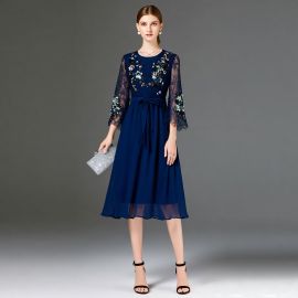 Elegant Navy Blue Chiffon Midi Dress with Lace Sleeves & Floral Embroidery - Perfect for Parties