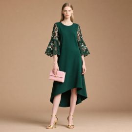 Emerald Green Lace Sequin Bell - Sleeve Asymmetric Hem Midi Dress