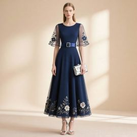 Navy Blue Midi Dress: Embroidered Sleeves & Hem, Belted Waist - Elegant Formal Style