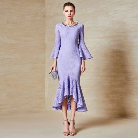 Elegant Purple Lace Mermaid Dress with Flare Sleeves & Beaded Neckline