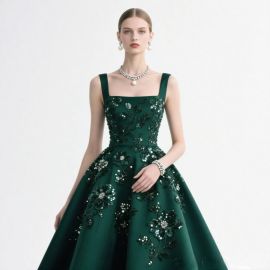 Emerald Green Embroidered Floral Sequin Ball Gown - Elegant Formal Evening Dress