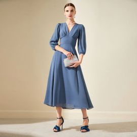 Elegant Blue V-Neck Puff Sleeve Chiffon Midi Dress for Women