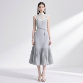 Elegant Sleeveless Midi Dress with Lace Collar, Belted Waist & Pleated Skirt