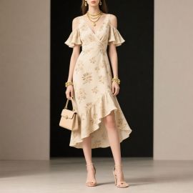 Elegant Floral Print Off - Shoulder Dress with Ruffled Sleeves & Asymmetric Hem