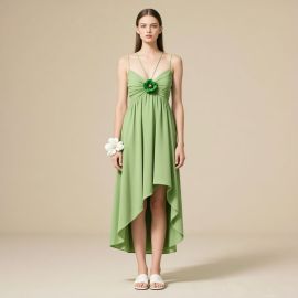 Green Asymmetric Spaghetti Strap Dress with Floral Detail - Summer Bridesmaid Maxi Gown