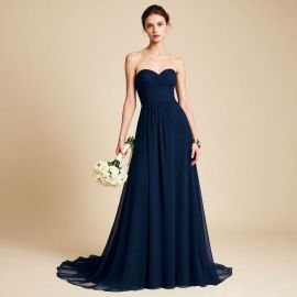 Elegant Navy Blue Strapless Chiffon Evening Gown Long Formal Dress