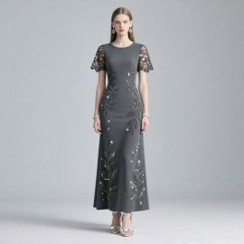 Elegant Gray Lace - Sleeve Embroidered Long Evening Dress