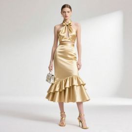 Gold Satin Halter Two - Piece Set: Bow Neck Crop Top & Ruffled Mermaid Midi Skirt