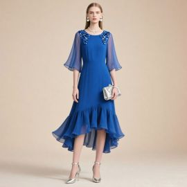 Royal Blue Sequin Embellished Chiffon Sleeve Asymmetrical Midi Dress