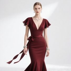 Elegant Burgundy Deep V-Neck Mermaid Gown with Flutter Sleeves & Waist Tie
