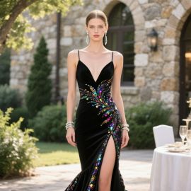 Elegant Black Velvet Evening Gown: Multicolor Sequins, Spaghetti Straps & High Slit Design