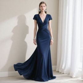 Navy Blue V-Neck Crisscross Pleated Long Evening Gown