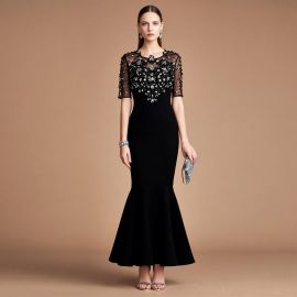 Black Mermaid Evening Dress: Sequined Mesh Bodice & Flared Skirt for Formal Events