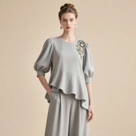 Elegant Gray Blouse: Embellished Shoulder, Puff Sleeves & Asymmetric Hem - Chic Women's Top