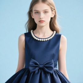 Navy Blue Sleeveless Dress with Pearl Collar & Big Bow - Elegant Party Style