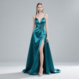 Elegant Teal Satin Spaghetti Strap Gown with High Slit - Chic Evening Dress for Formal Events