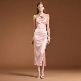 Elegant Pink Satin Halter Neck Midi Dress with Side Slit - Chic Evening Gown