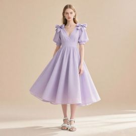 Lavender Purple Bow Detail Puff Sleeve V-Neck A-Line Midi Dress