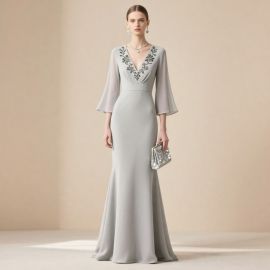 Elegant Light Gray Evening Dress with Embroidered V-Neck & Bell Sleeves