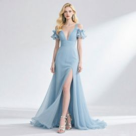 Elegant Light Blue Off-Shoulder Dress: Ruffled Sleeves, Deep V-Neck & High Slit Gown