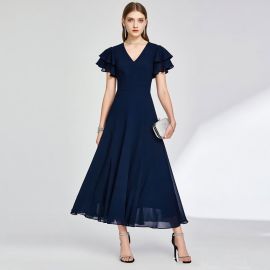 Navy Blue V-Neck Ruffled Sleeve Midi Dress - Elegant Chiffon Evening Gown