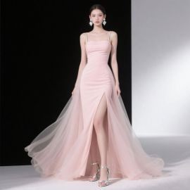 Elegant Pink Spaghetti Strap High Slit Evening Gown | Chic Formal Dress for Events