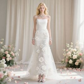 Elegant Spaghetti Strap Square Neck Wedding Dress with 3D Floral Embroidery & Train