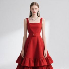 Elegant Red Sleeveless Dress: Square Neck, Tiered Skirt & Belted Waist Design