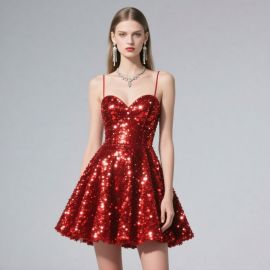 Stunning Red Sequined Mini Dress with Spaghetti Straps for Evening Events