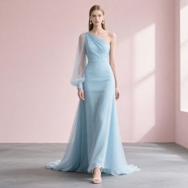 Light Blue One-Shoulder Gown with Sheer Sleeve - Elegant Evening Dress for Formal Events