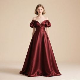 Burgundy Off - Shoulder Satin Long Gown with Puff Sleeves