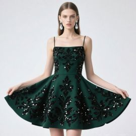 Emerald Green Sequined Spaghetti Strap Short Prom Dress - Elegant Party Gown
