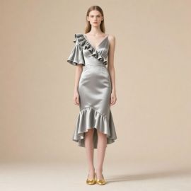 Silver Satin Asymmetric Ruffle High - Low Midi Dress