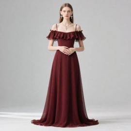 Burgundy Off - Shoulder Ruffled Long Evening Dress