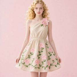 One-Shoulder Floral Embroidered Mini Dress - Elegant Summer Chic