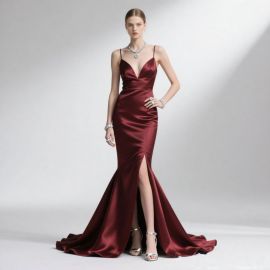 Burgundy Satin Mermaid Gown: Deep V-Neck Spaghetti Straps High-Slit Evening Dress