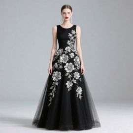 Elegant Black Gown with Silver Floral Embroidery & Tulle Skirt for Formal Events