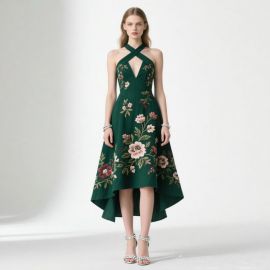 Emerald Green Cross-Neck Floral Embroidered High-Low Hem Dress