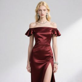 Elegant Burgundy Satin Off - Shoulder Gown with Ruffled Sleeves & High Slit