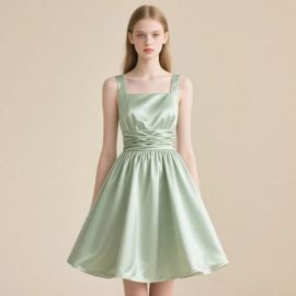 Mint Green Satin Square Neck Cinched Waist Flared Skirt Dress - Elegant Summer Style