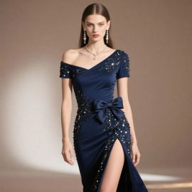 Elegant Navy Blue Off - Shoulder Sequined Dress with Big Bow & High Slit