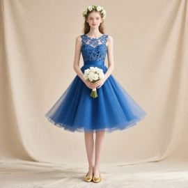 Elegant Blue Lace Short Bridesmaid Dress - Vintage Tulle Wedding Party Gown