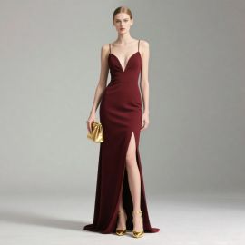 Elegant Burgundy Spaghetti Strap Deep V-Neck High Slit Evening Gown