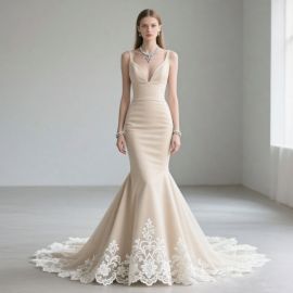 Elegant Mermaid Wedding Dress with Lace Appliqué - Sleek Silhouette & Deep V-Neck