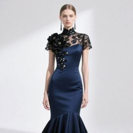 Elegant Navy Blue Mermaid Dress with Lace & Floral Embellishments