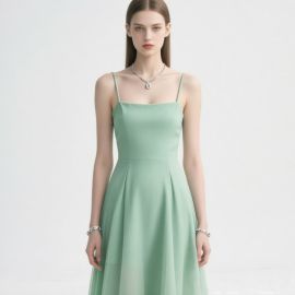 Elegant Mint Green Spaghetti Strap Square Neck Flowy Midi Dress - Chic Summer Style